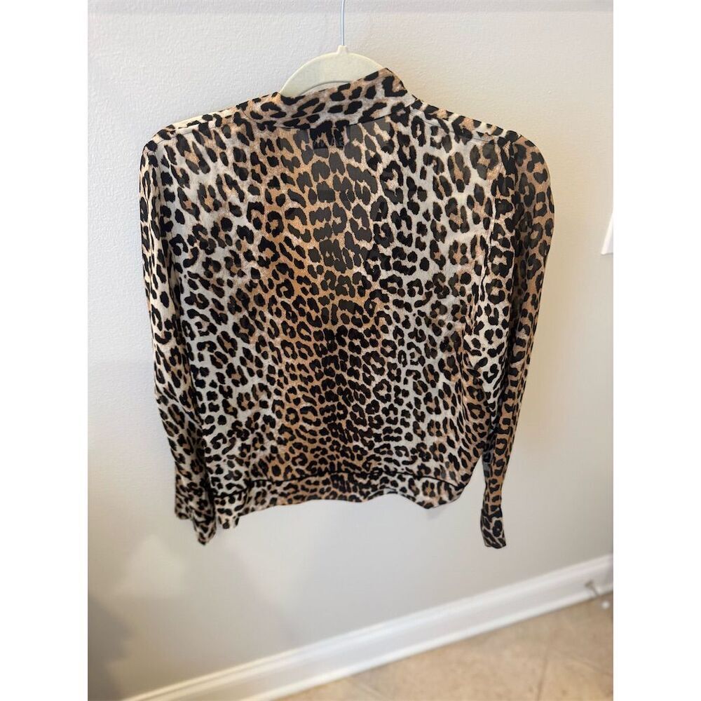 GANNI Women's Brown Leopard Print Georgette Blouse Size L Long Sleeve - Picture 3 of 4